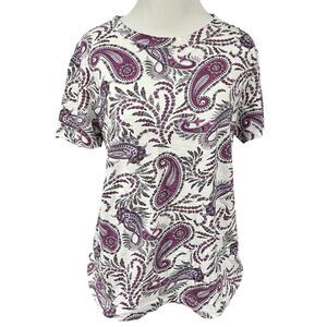 LOFT Womens Large Short Sleeve Top White Purple Paisley 100% Cotton Blouse cute
